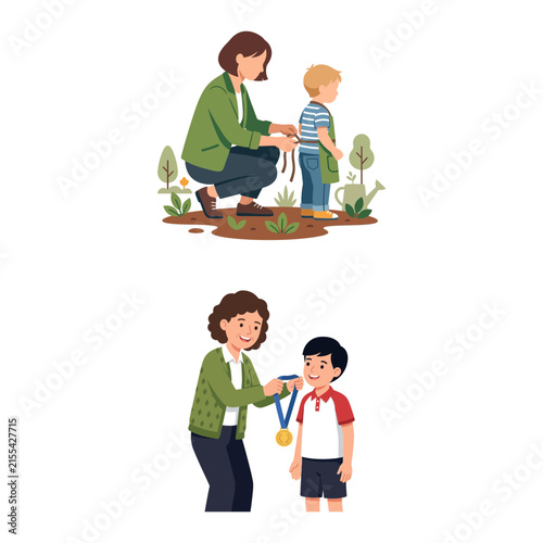Obraz na plátně Flat vector illustration of a teacher helping a child with gardening and rewardi