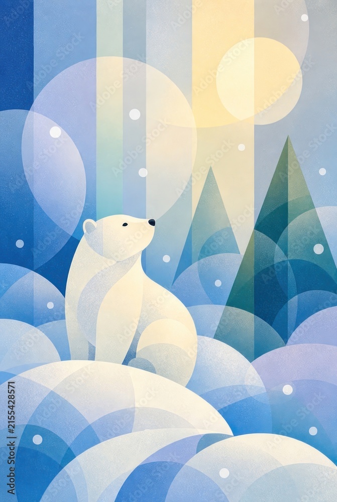 Obraz premium A beautiful geometric art piece featuring a white polar bear sitting amidst snowy hills and stylized mountains under a soft, glowing sun.