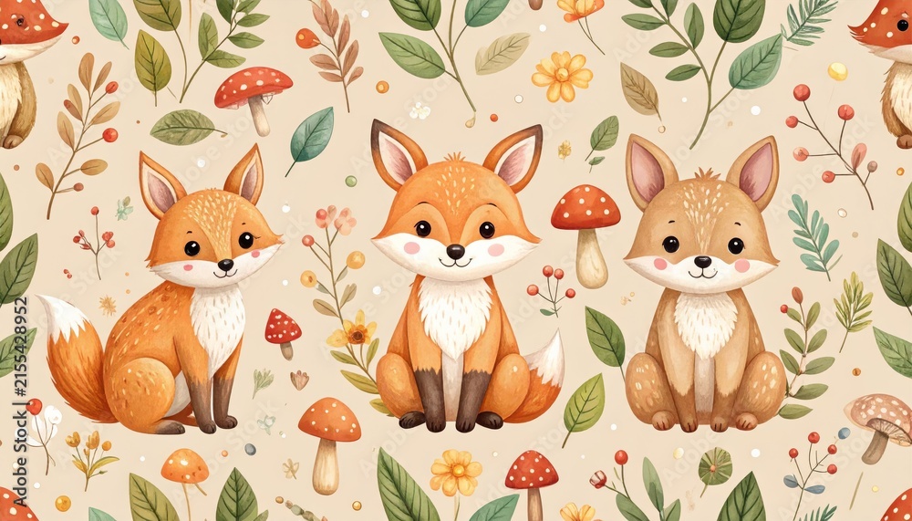 Naklejka premium Cute Funny Cartoon Fox Character Set, Adorable Baby Animals Vector Illustration Collection with Fox, Squirrel, Rabbit, Bear, Dog and Cat for Seamless Pattern Design