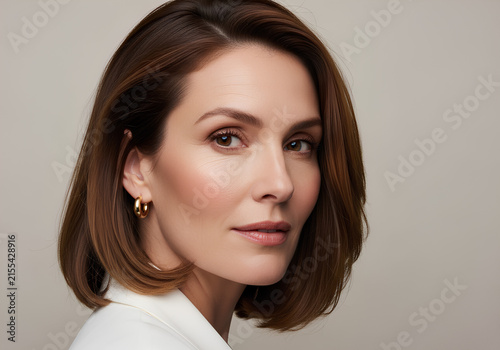 Professional portrait of an elegant woman with a stylish brown bob