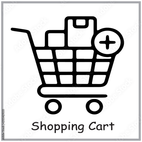 Black and white line art icon of a shopping cart with a plus sign and boxes representing online store e-commerce purchase and add to cart feature for website