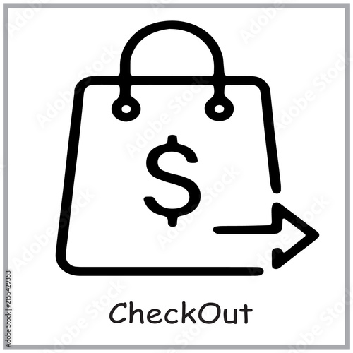 Black line icon of a shopping bag with a dollar sign and an arrow representing the checkout process for online retail stores and e-commerce websites