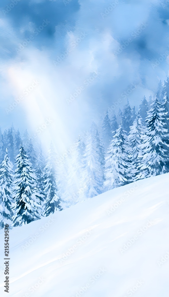 Fototapeta premium Serene winter landscape watercolor illustration snow pines tranquil scene expansive view light reflection