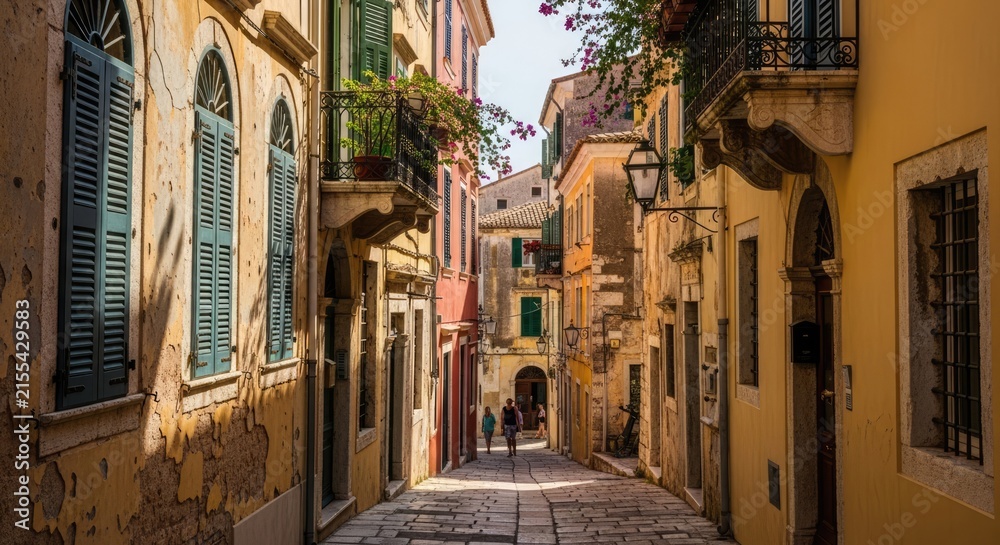Fototapeta premium Historic European cobblestone street with rustic shutters.