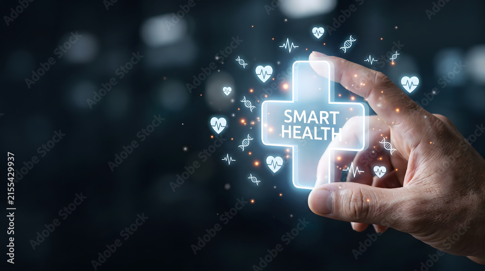 Obraz premium Holographic AI healthcare concept showing smart medical technology with glowing cross symbol and digital health interface