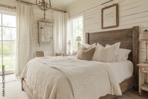 A farmhouse bedroom featuring distressed wood furniture, whitewashed finishes, and vintage decor 