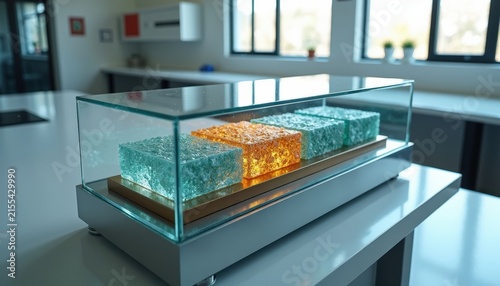 Glass display case with glowing textured blocks in orange and teal, scientific lab equipment, material samples