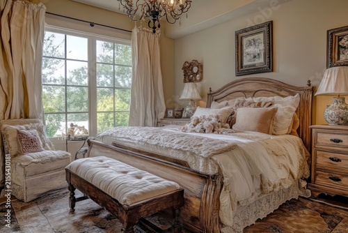 A French Country bedroom highlighting soft, warm colors, natural materials, and elegant decor. 