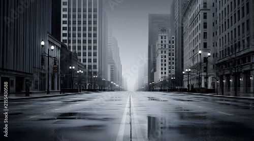 Monochrome Cityscape with Empty Street and Tall Skyscrapers in Fog