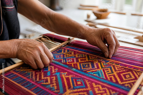 Person Weaving Intricate Textile on Loom
