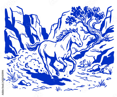 Photography Wild horse galloping through a rocky desert canyon in vintage hand drawn illustr