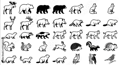 Forest animals icon set, 35 woodland wildlife vector illustrations, black and white minimalist nature silhouettes for camping and outdoor branding