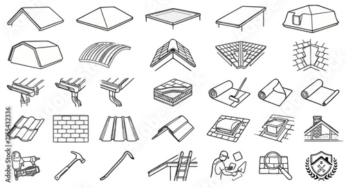 Roofing construction icons set, house roof types and repair tools vector, building maintenance and installation line art
