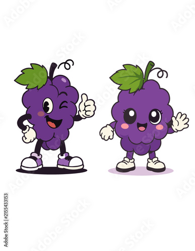 Cute GRAPE Fruit Mascot Character Set – Cartoon Vector Illustration