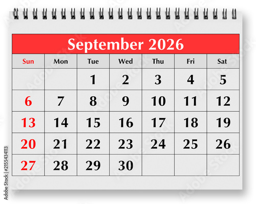 One page of the monthly calendar - autumn month september 2026