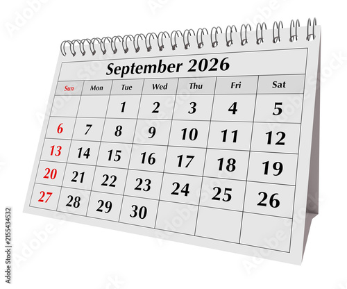 September 2026 annual desk calendar page isolated on transparent png
