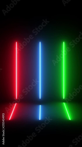 Abstract neon light background, with vertical red, blue, and green, glowing beams and, floor reflection