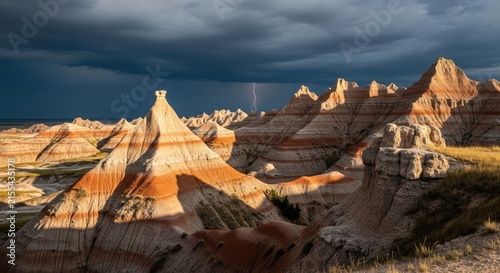 Badlands sedimentary rock formations under a dark storm sky.