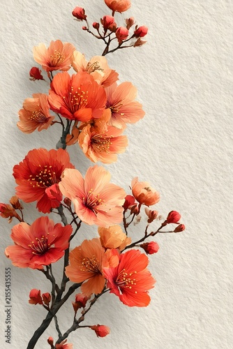 Elegant printable botanical frame, autumn cherry blossom branches growing from the corners, coral, orange and golden flowers.