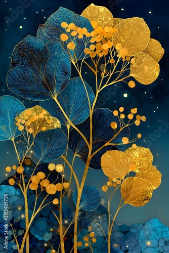 Luxury moonlit botanical wall art, elegant botanical branches with delicate leaves, metallic gold foil veins, deep navy blue background.