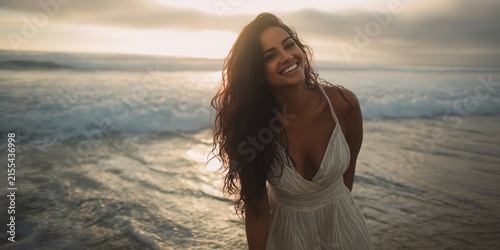 Beautiful smiling woman, long wavy curly hair wearing a stylish white dress standing on a sand beach during evening sunset with ocean, sea waves gently rolling in soft golden light, portrait in nature