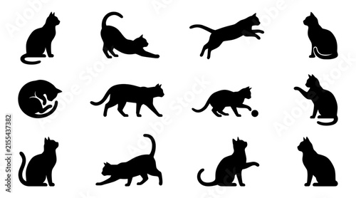 Set of black cat silhouettes in various poses