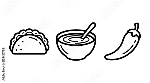 Taco, bowl of soup and chili pepper icons set
