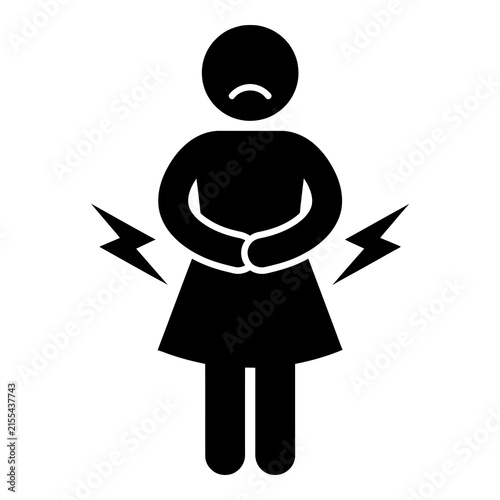 Woman with menstrual cramps pain symbol
