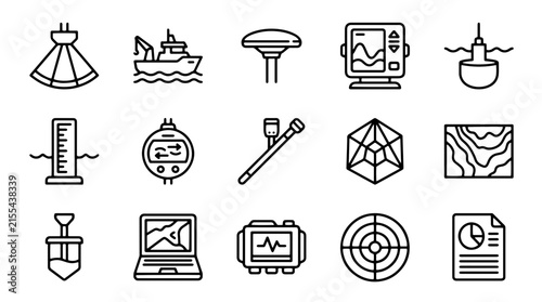 Canvastavla Marine sonar and hydrography icons, 15 ocean floor mapping vector symbols, under