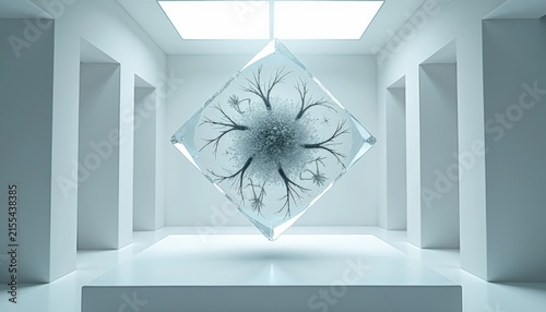 Floating transparent crystal cube with intricate black organic neural network structure suspended in a sterile