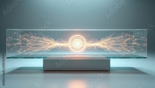 Glowing energy sphere inside rectangular glass prism, futuristic digital data streaming, light particle emissions