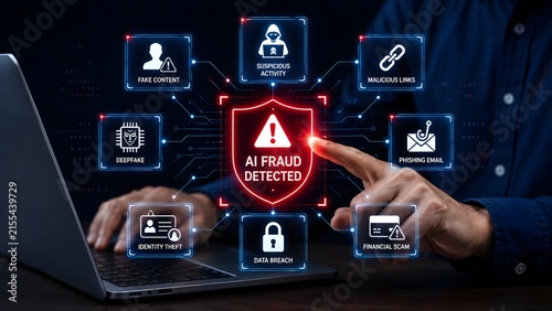 Red glowing AI fraud detected shield alert on a laptop screen surrounded by cyber threat icons symbolizing digital security and identity protection