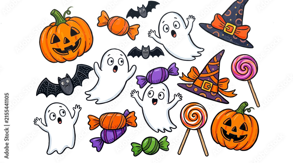 Fototapeta premium Halloween assortment including pumpkins ghosts bats and candy on white background