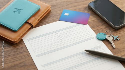 Travel document booking form credit card smartphone travel wallet house key pen wooden desk travel planning online payment travel document wooden desk with booking form credit card smartphone