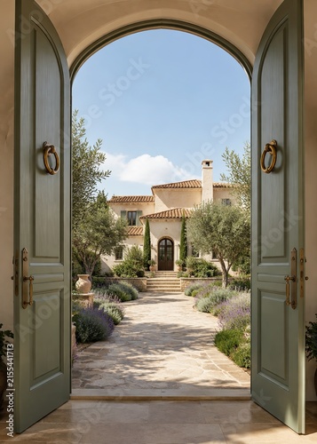 Open arched doors revealing Mediterranean luxury villa with landscaped garden