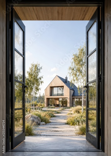 Open glass doors revealing modern Scandinavian wooden house in natural landscape