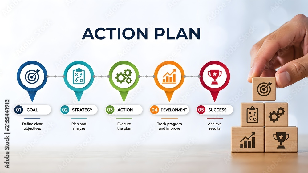 Business action plan process flow with businessman hand stacking strategy blocks to achieve success