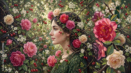 Ethereal woman in floral garden, beautiful female profile with rose crown, romantic spring portrait in blooming nature isolated PNG with Transparent Background