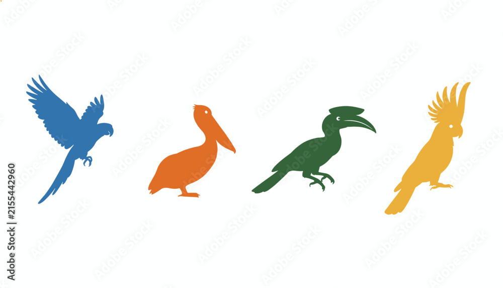 Naklejka premium Colorful tropical bird silhouettes set featuring a parrot, pelican, hornbill, and cockatoo on white background.