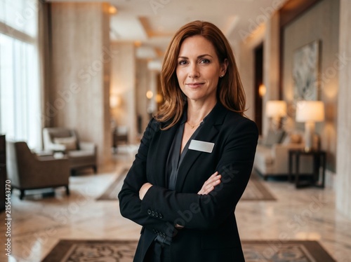 Professional female hotel receptionist standing in modern hotel lobby