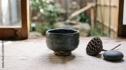 Traditional Japanese matcha bowl on linen, rustic ceramic tea cup in zen garden setting, wabi-sabi aesthetic with dried lotus pod isolated PNG with Transparent Background
