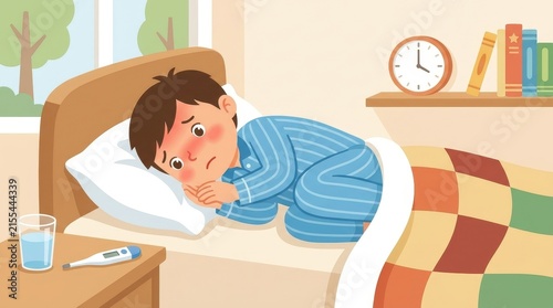 Sick little boy with fever lying in bed in striped pajamas vector illustration