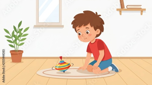 Little boy playing with colorful spinning top toy on floor vector illustration