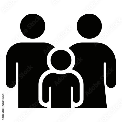 Family icon with two adults and one child standing together in black silhouettes