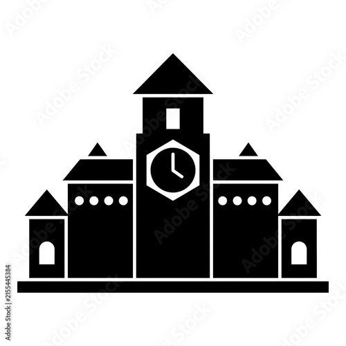 Black silhouette of a castle with clock tower and buildings