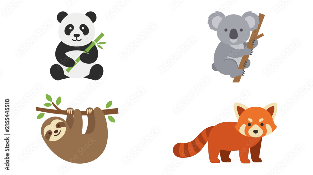 Obraz premium Cute Animals: Panda, Koala, Sloth, Red Panda - Flat Vector Illustrations
