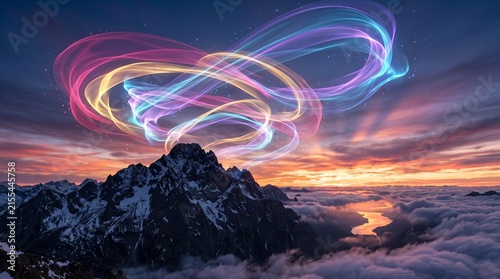 Ethereal light trails over mountain peak, glowing neon swirls in sunset sky, magical alpine landscape with clouds isolated PNG with Transparent Background