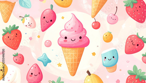 Sweet seamless ice cream pattern featuring cute hand-drawn cones and popsicles, bright pastel colors, kid-friendly design.