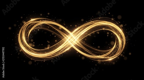 Glowing gold infinity symbol created with swirling light trails and shimmering particles representing eternal time and endless possibilities in abstract graphic design