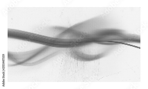 Abstract background with flowing waves made of small black halftone dots on white surface